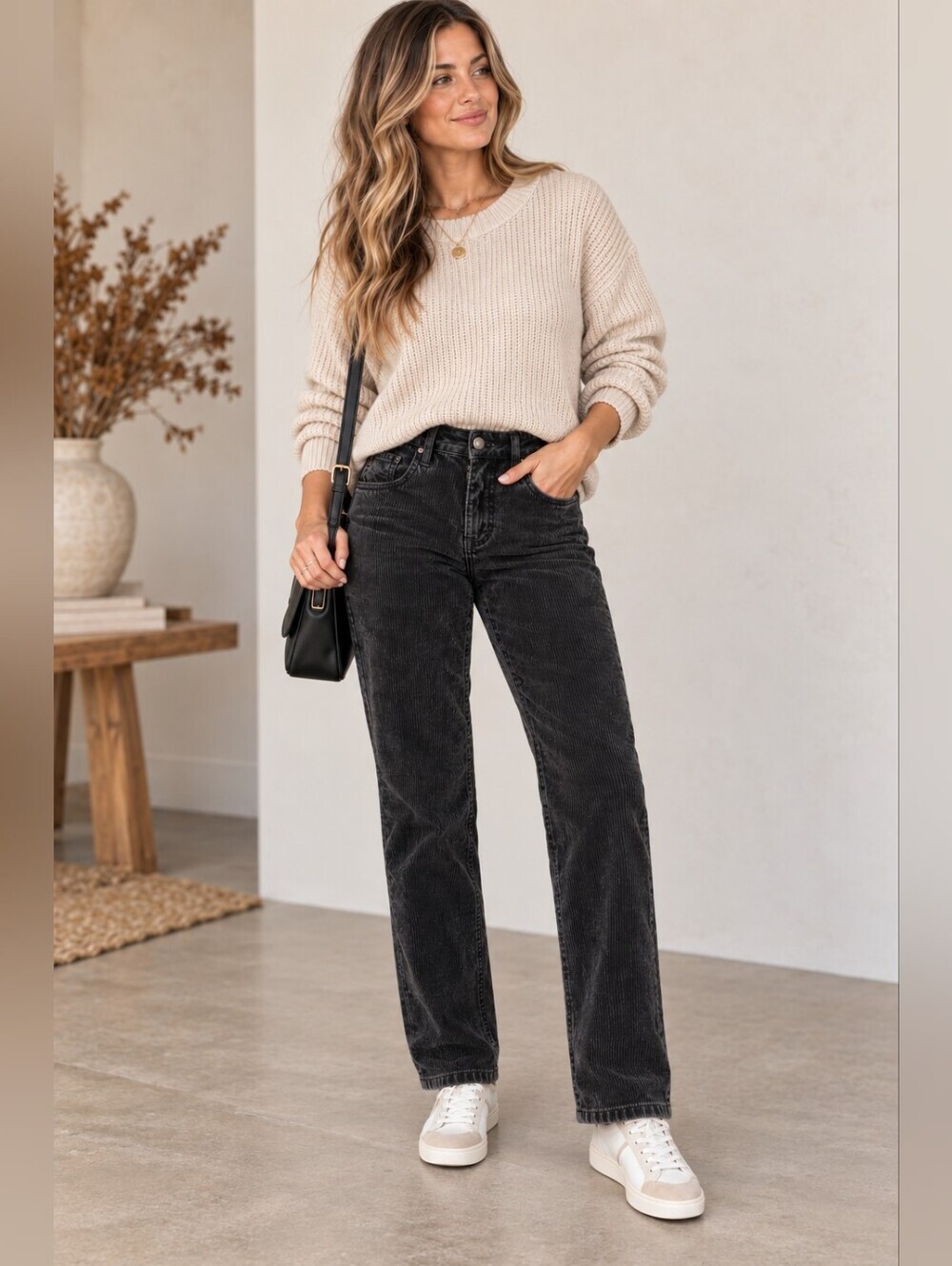 RISEN Women's Tummy Control Straight Corduroy Pants Black Scandi Various NEW